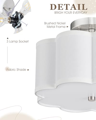 Image of Semi Flush Mount Ceiling Lights, 3-Light 13 inch Ceiling Light Fixtures with Fabric Shade in Flower Shape, Brushed Nickel Drum Lighting for Nursery Hallway Bedroom Kitchen, AD-22007-3SF-SN