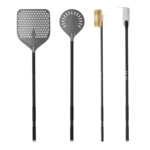 G.a HOMEFAVOR 4-Piece Pizza Oven Accessories, 12-Inch Perforated Pizza Peel, 9-Inch Round Turning Pizza Peel, Pizza Oven Cleaning Brush and Ash Rake for Professional Chef or Pizza Lover