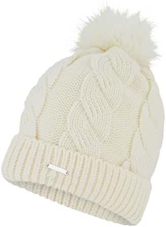 Spyder Womens Cable Knit Pom Pom Beanie with Ribbed Cuff, Chalk, One Size