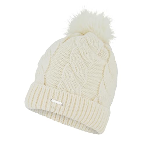 Spyder Womens Cable Knit Pom Pom Beanie with Ribbed Cuff Chalk One Size