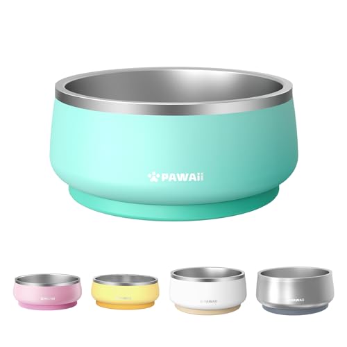Pawaii Stainless Steel Dog Bowl with Non-Slip Rubber Base & Double Wall Insulation - Durable Design | Includes ID Tag | Dishwasher Safe Food & Water Bowl for All Dogs (34oz)