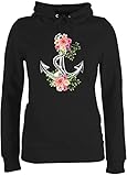 Kunst Outfit Anker, Blumen & Co. - Blumiger Anker - Weiß - L - Schwarz - Klamotten Anker - JH001F - Damen Hoodie und Kapuzenpullover für Frauen