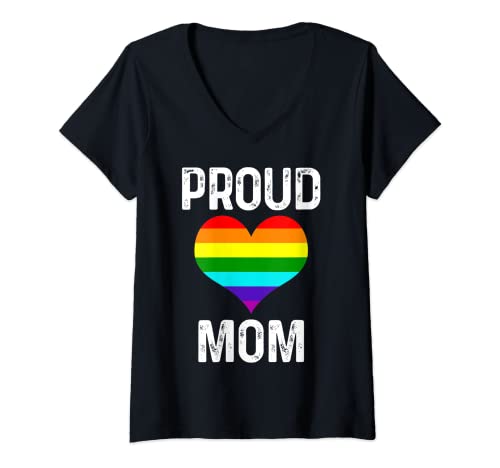 Womens Gay Pride Proud Mom Parent LGBTQ Rainbow Flag Gay Son V-Neck T-Shirt