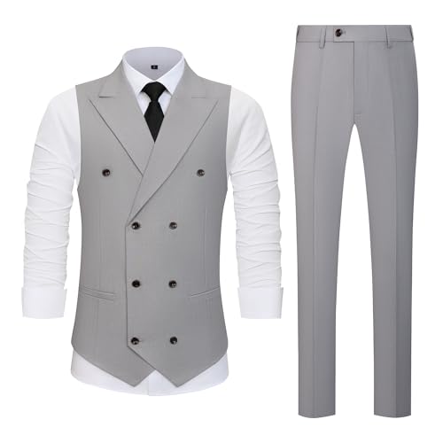 Men’s Suits Vest Peaked Laped Double Breasted Men Vest Pants Set Light Grey Men's 2 Pieces Set Slim Fit Wedding Groomsmen Suit XXL3