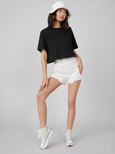 Image of KOTTY Women's Solid Cotton Blend Oversized Crop T-Shirt | Casual Summer Tee