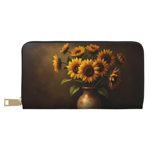 Classic Yellow Sunflower Vase Print Wallet Women, Leather Bifold Multi Card Wallet, Long Purse Women's Wallets