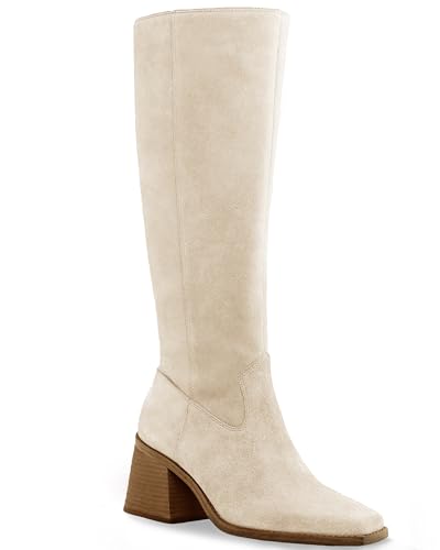 Coutgo Women's Knee High Boots Wide Calf Square Toe Chunky Heeled Pull-on Boot