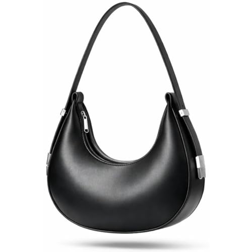 Bolsa Feminina Meia Lua Preta Couro Sintético Leve Clássica Versátil Alça Ajustável Zíper (Preto)
