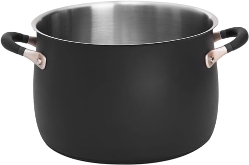 Meyer Accent Stainless Steel Stock Pot 7.6L/24cm - Black Stock Pot Induction Suitable with Easy Pour Rim, Ceramic Non Stick Exterior & Heat Resistant Handles, Durable Cookware