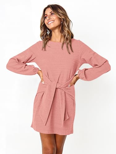 Image of PRETTYGARDEN Womens Spring Elegant Long Lantern Sleeve Short Dress Wedding Guest Crewneck Tie Waist Knit Cocktail Dresses