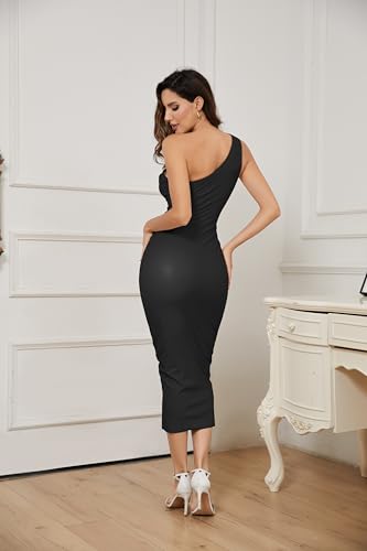 OVRUNS One Shoulder Faux PU Leather Dress Bodycon Sleeveless Ruched Cocktail Clubwear Midi Dresses for Women3