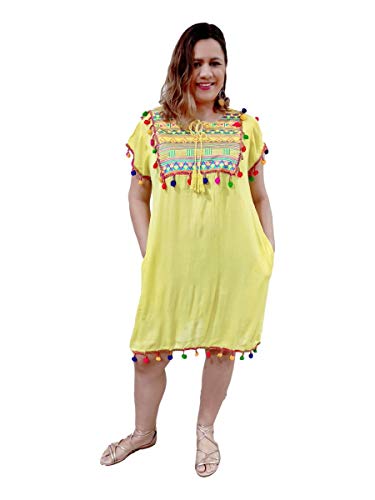 Vestido Crepe Bordado Saída de Praia com Bolso Plus Size