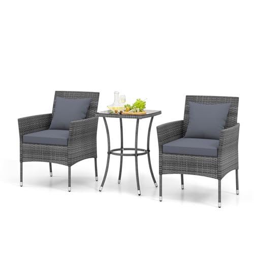 LIFEZEAL Salotto da Giardino Esterno, in Rattan PE, Set Giardino Esterno, 2 Divanetti con Cuscini Rimovibili e Tavolino da Caffè in Vetro Temprato, Poltrone per Terrazza e Cortile (cuscino grigio)