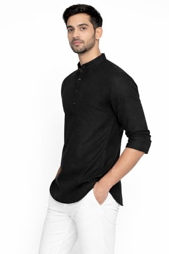 Image of Men's Cotton Kurta, Mandarin Collar Short Kurta, Long Sleeve Casual Shirt for Summer