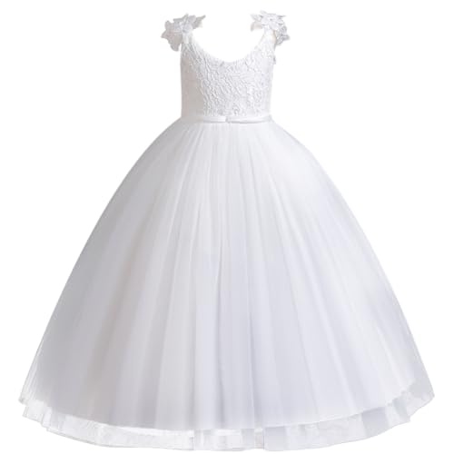 IDOPIP Flower Girl Lace Dress for Kids Wedding Bridesmaid Pageant Party Formal Long Gown Princess 1st Communion Tulle Dresses