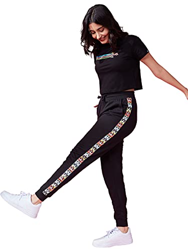 Image of The Souled Store Official Powerpuff Girls: The Trio Womens and Girls Striped Cotton Joggers Black