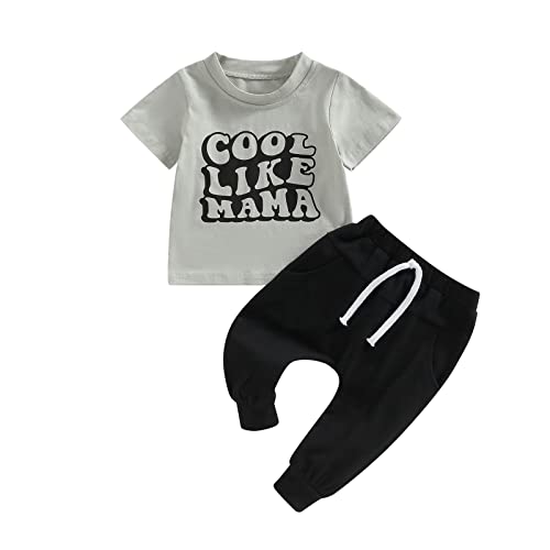 Toddler Baby Boy Summer Clothes Mamas Boy Printed Outfit Short Sleeve T-Shirt Tops and Jogger Pants Sets 2Pcs (G-Grey,0-6 Months)