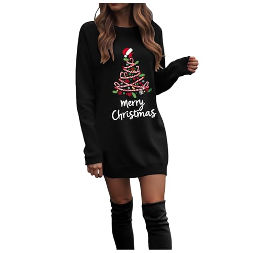Generisch Weihnachten Kleid Damen Langarm Pulloverkleid mit Festlichem Weihnachtsmotiv Knielang Bequemes Weihnachtsoutfit Weihnachtskleidung Damen...