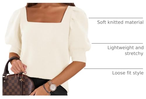 Image of Womens Puff Short Sleeve Sweater Tops Square Neck Casual Knit Pullover | Dressy Casual Blouses,Fall Shirts,Fashion Summer Clothing,Cute Spring Outfits,Work Shirts