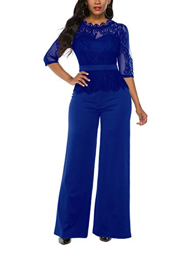 LSAME Women's Elegant Lace Spliced Playsuit Cocktail High Waisted Wide Leg Long Romper Jumpsuit (Royal Blue, Medium)