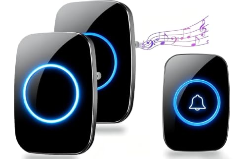 Image of Wireless Doorbell, 1 Transmitter and 2 Receiver, Waterproof Doorbell Adjustable Volume Range to 300 Meters with 60 Melodies, 5 Volume Levels, LED Indicator, Black