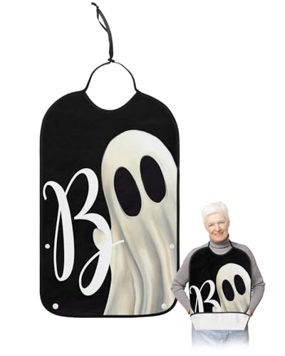 LEOKOTI Halloween Adult Bibs for Eating, Waterproof Bibs with Food Catcher & Adjustable Snap Closure, White Boo Ghost Classic Black Washable Clothing Protectors Adult Bibs for Elderly Women/Men