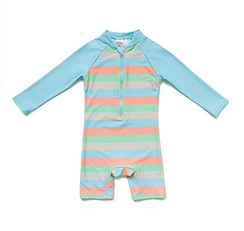 Baby Boy Sunsuits UPF 50+ One Piece L/S Swimsuits with Sun Hat (Blue Stripe,18-24M)