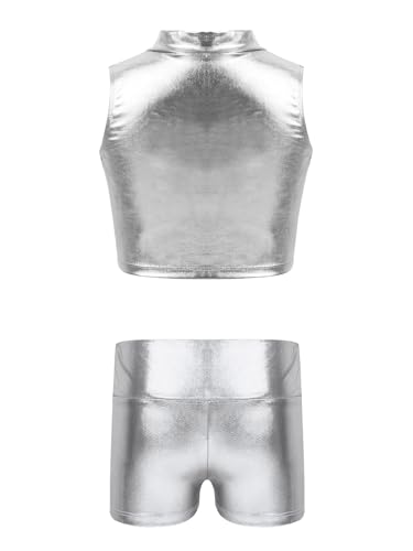 Hansber Kids Girls 2 Piece Dance Outfits Shiny Mock Neck Crop Top with Shorts Gymnastics Tracksuit Dancewear Swimwear2