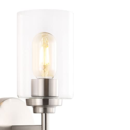 Image of JONATHAN Y 16 inch Nickel /Clear Farmhouse 2-Light Wall Sconce, Industrial Vanity Light for Bathroom Mirror, Entryway, Hallway, Clear Glass Cylinder Shades, LED Bulbs (JYL9548C)