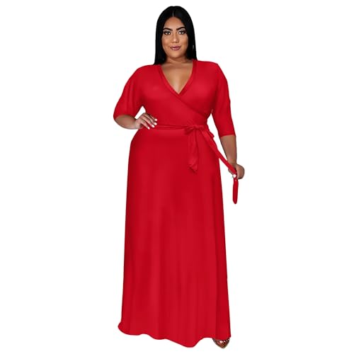 Image of Nmoder Plus Size Maxi Dress for Women - Summer Casual 3 /4 Sleeve Floral Flowy Long Dress with Belt XL- 6XL