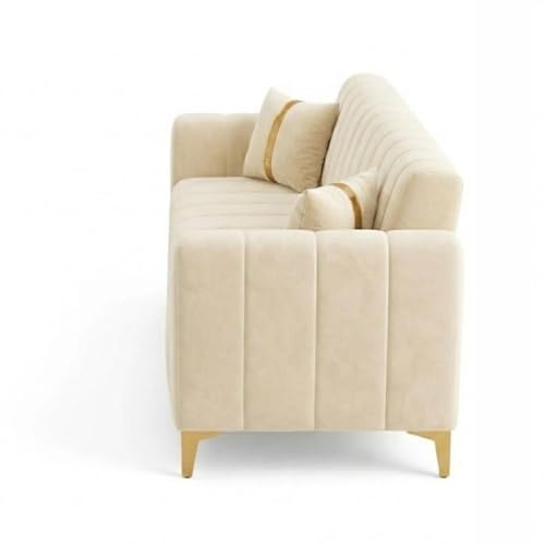 Image of FURNY Harmony 3 Seater Fabric Sofa Set & Golden Legs (Cream) with Velvet Finish | Durable Comfort | Ideal for Living Room