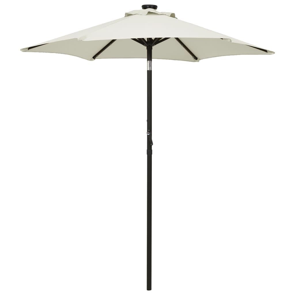 Parasol przeciwsłoneczny z oświetleniem LED, kolor piaskowo-biały, 200 x 211 cm, aluminium, pochylony, korba, ochrona przed promieniowaniem UV, wodoszczelny, zapewnia cień do ogrodu, na