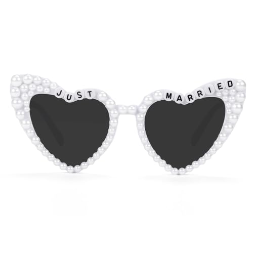 Etercycle Heart Sunglasses, Just Married Women's Sunglasses Bride Gifts, Bridal White Glasses Vintage Pearl Sun Glasses For Bachelorette Party Decorations