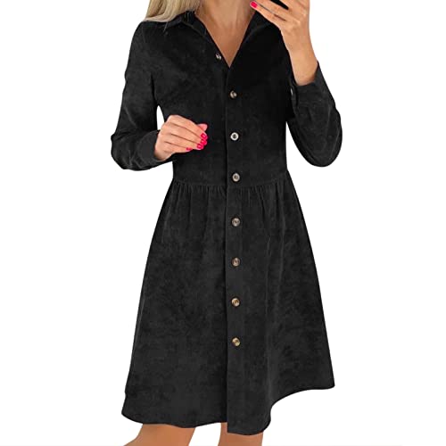 Elegantes Kleid für Damen, langärmelig, einreihig, Hemdkleid, solides Cordkleid, Lange Knöpfe, warme Röcke Kurzes Schwarzes Kleid Sexy (Black, M)