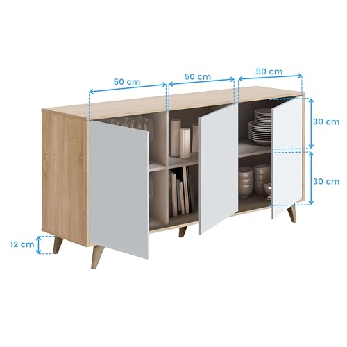Miniatura 8 de Habitdesign Aparador 3 Puertas, Bueffet Para Salón, Armario Auxiliar, Modelo Kikua Plus, Acabado En Blanco Artik Y Roble Canadian, Medidas: 154 Cm Ancho X 75 Cm Alto X 40 Cm Fondo