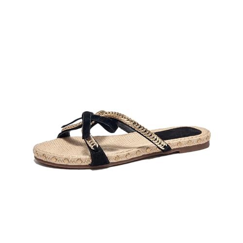 Women's Cow Suede Cross-Tied Slippers - Rivet Bowknot Mixed Color Summer Flats