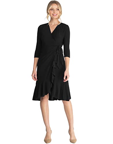 Kiyonna Plus Size Whimsy Ruffled Midi Wrap Dress With Sleeves | Wrap Around Style With Ruffles | Cocktail, Party, Wedding Guest Or Work | Black Size 1X (14-16) #TOP4
