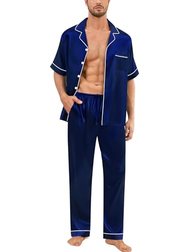 Image of SWOMOG Mens Silk Pajamas Set Satin Pj Set Short Sleeve Sleepwear Button Down Lounge Set with Drawstring & Pockets S-3XL