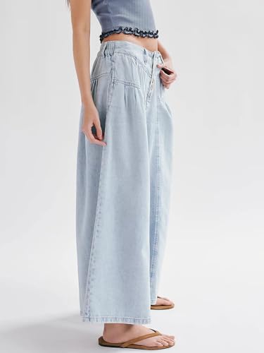 CHARTOU Women Flare Wide Leg Jeans Baggy Cropped Mid Rise Jeans Pleated Ruffle Denim Pants with Pockets2