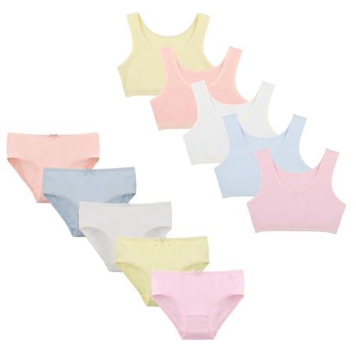 Donella Girls Underwear Set - Soft Cotton Sports Bra and Panties for Kids - 10 Pack, Age: 10-11