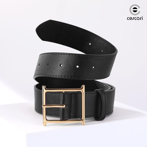 Women Leather Belt Ladies Retro Dresses Belt with Square Gold Buckle 1.5’’ Width2