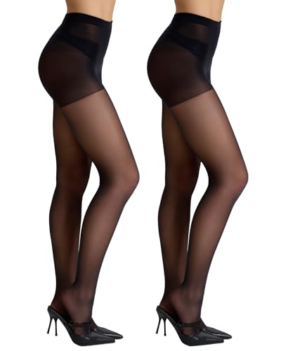 Citystl 2 Pairs Women's Black Sheer Tights - 30D Not Rip Control Top Pantyhose - Reinforced Toes