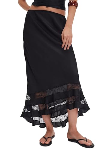 Women Lace Patchwork Satin Maxi Skirt Fishtail Long Flowy Silk Skirts Silky Maxi Slip Skirt Elegant Fall Skirts 2025