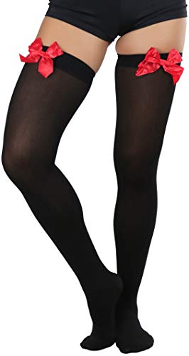 Image of ToBeInStyle Women's Opaque Long Thigh High Stockings w /Decorative Front Satin Bow