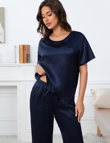 Image of THXSILK Mulberry Silk Womens Pajama Set with Pocket, 2 Piece Lounge Sets for Women, Short Sleeve Sleepwear