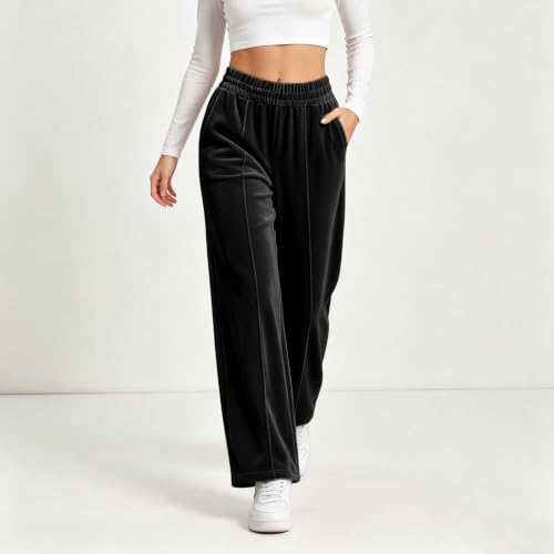 Velvet Pants Women Elastic Waist Wide Leg Casual Trousers with Pockets Fall - image 7