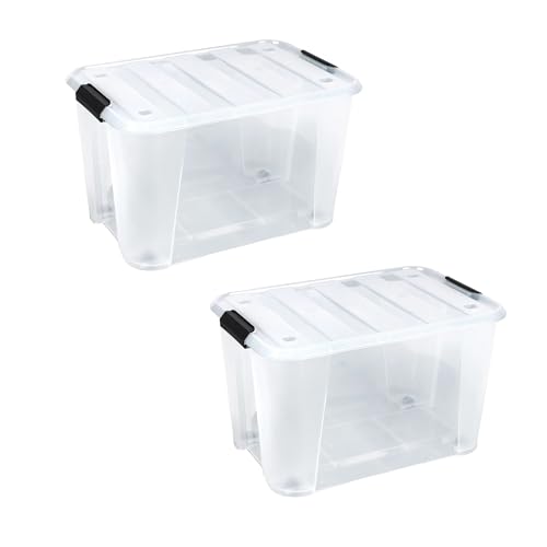 Image of Clear Heavy Duty Bulk Storage Container with Lids Pack of 2, 52 Litre | Stackable Plastic Bins with Handles & Rolling Wheels | BPA-Free, Multi-Purpose for Kitchen, Pantry, Office, or Garage