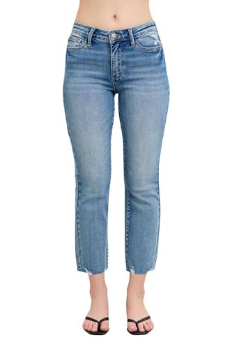 Judy Blue Women's Mid-Rise Vintage Wash Destroy Hem Kick Flare Cropped Jeans