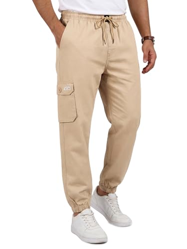 Image of Beyoung Cotton Solid Elastic with Drawstring Cargo Joggers for Men | Regular Fit | 2 Spacious Pockets | Smooth Texture