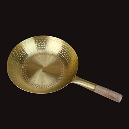 Pure Copper Flat Bottom Wok Frying Pan Healthy Uncoated, Brass Wooden Handle, Tripod Stand, Pure Brass Pot Pan - Picnic Bag Included